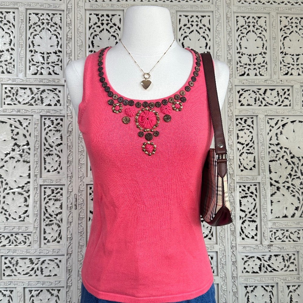 Vtg Y2K Coral Pink Boho Beaded Tank Top‎ Sz Small